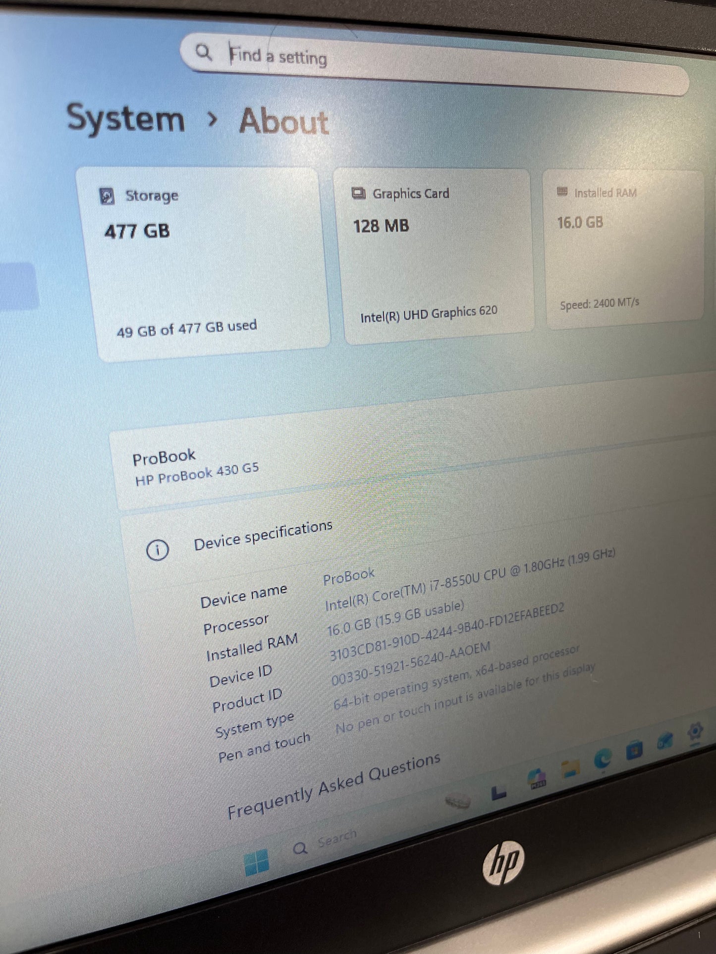 HP ProBook 430 G5 13.3" Laptop, 16GB RAM, i7 8th Gen, 500GB SSD