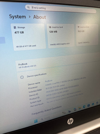 HP ProBook 430 G5 13.3" Laptop, 16GB RAM, i7 8th Gen, 500GB SSD