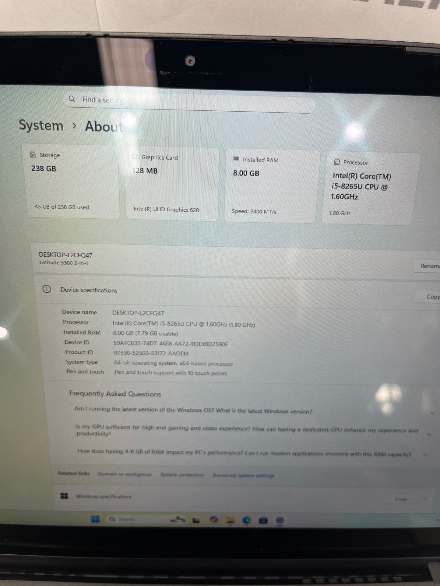 Dell Latitude 5300 14" 2-in-1 Laptop, 8GB RAM, i5 8th Gen, 256GB SSD