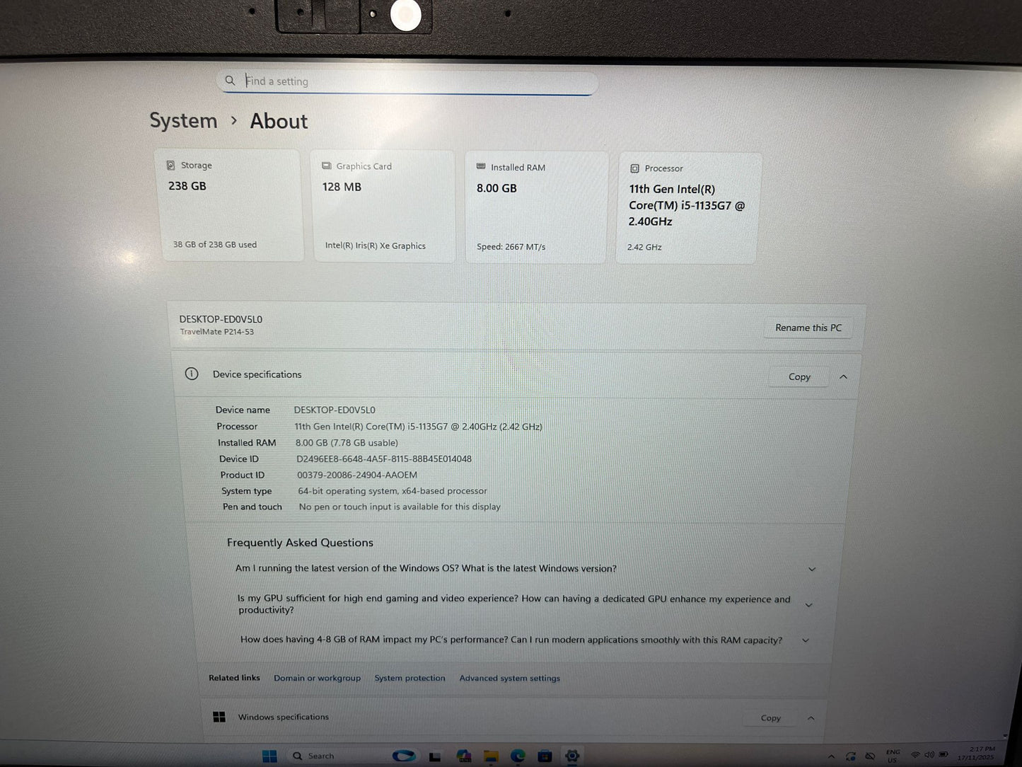 Acer TravelMate P214-53 14", 8GB RAM, i5 11th Gen, 256GB SSD Win 11