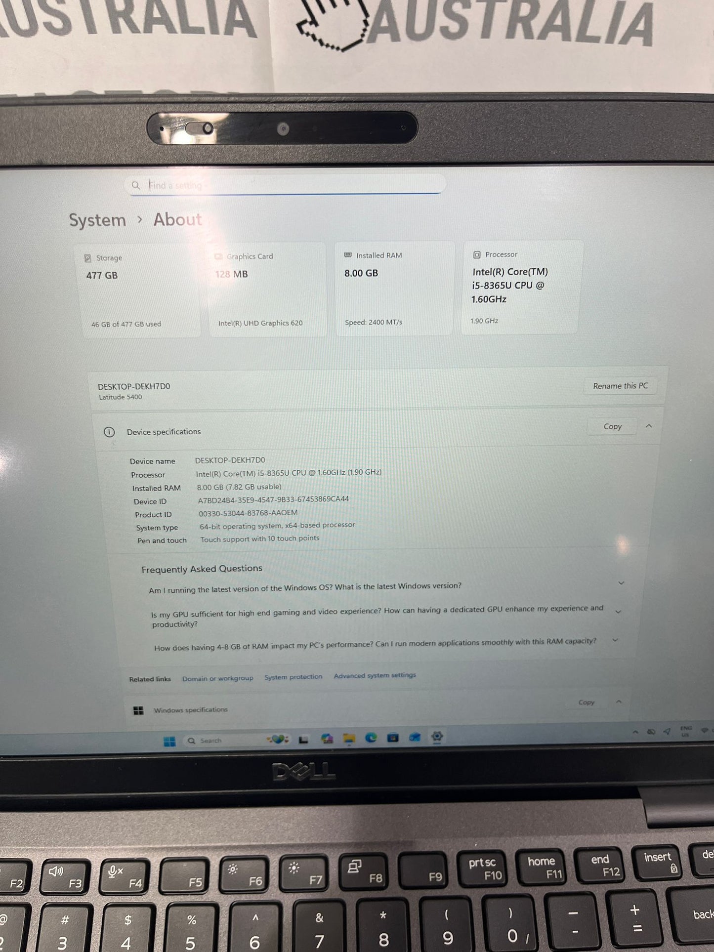 Dell Latitude 5400 14" Laptop, 8GB RAM, i5 8th Gen, 512GB SSD