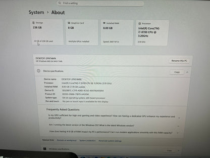 HP EliteDesk 800 G4 Tower Desktop PC, 8GB RAM, i7 8th Gen, 256GB SSD