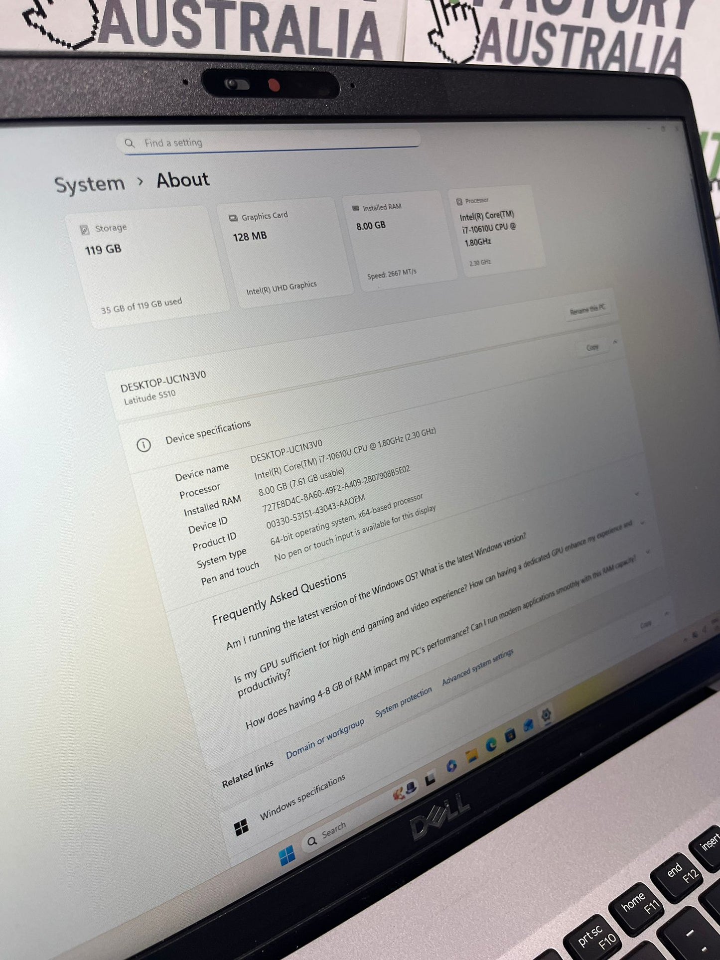 Dell Latitude 5510 15.6" Laptop, 8GB RAM, i7 10th Gen, 128GB SSD