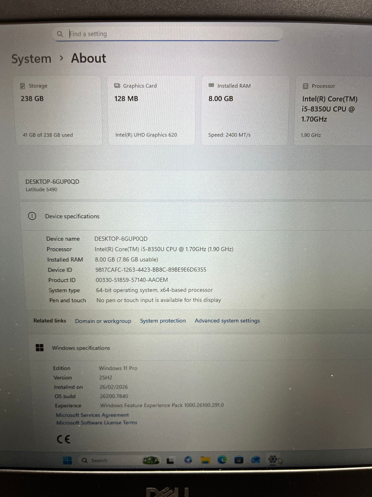Dell Latitude 5490 14" Laptop, 8GB RAM, Intel Core i5-8350U, 256GB SSD - Faulty USB Port (RHD)